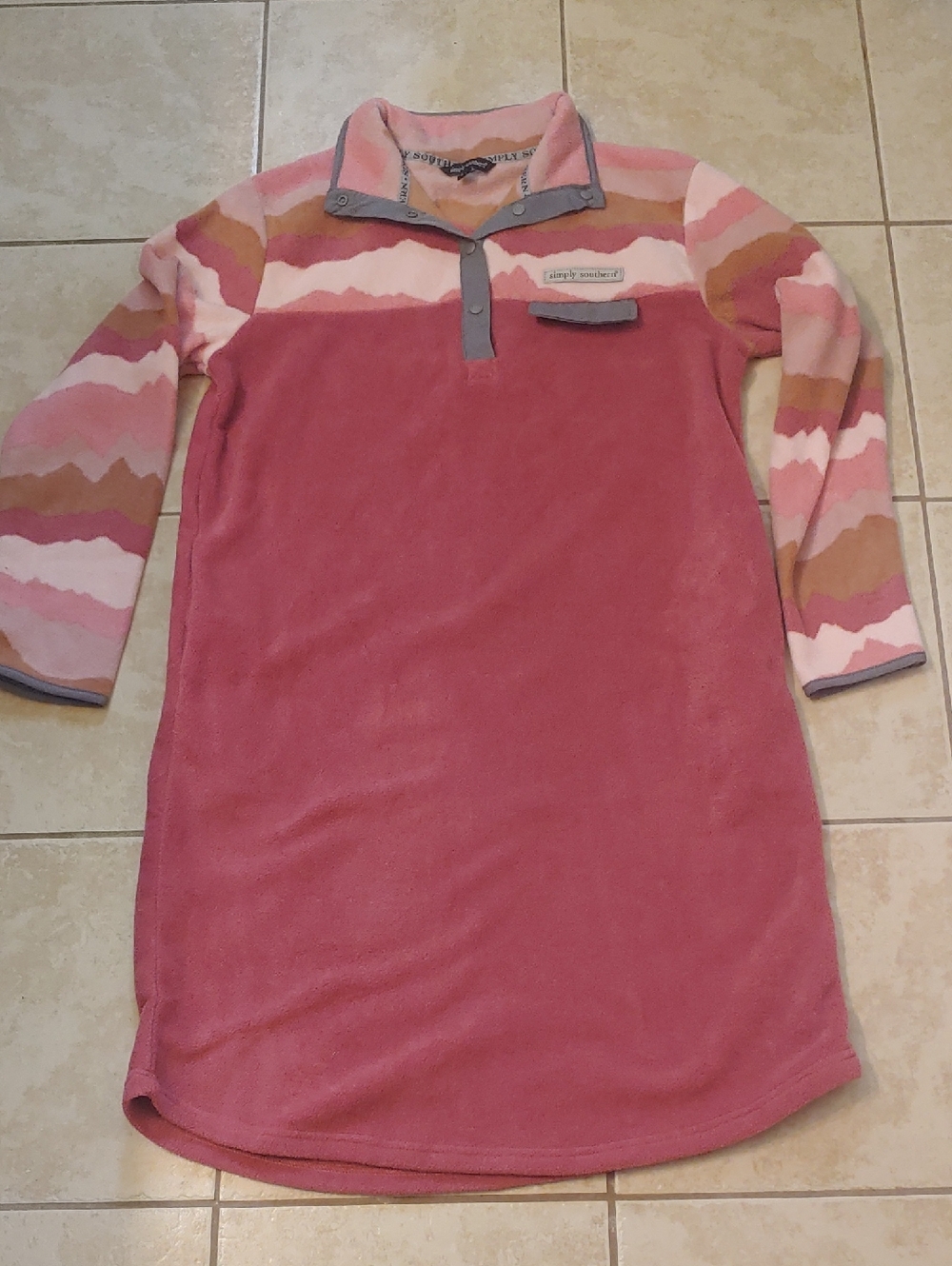 Simply Southern Made For Outdoors Fleece Dress Pink and Tan Henley Womens Size L